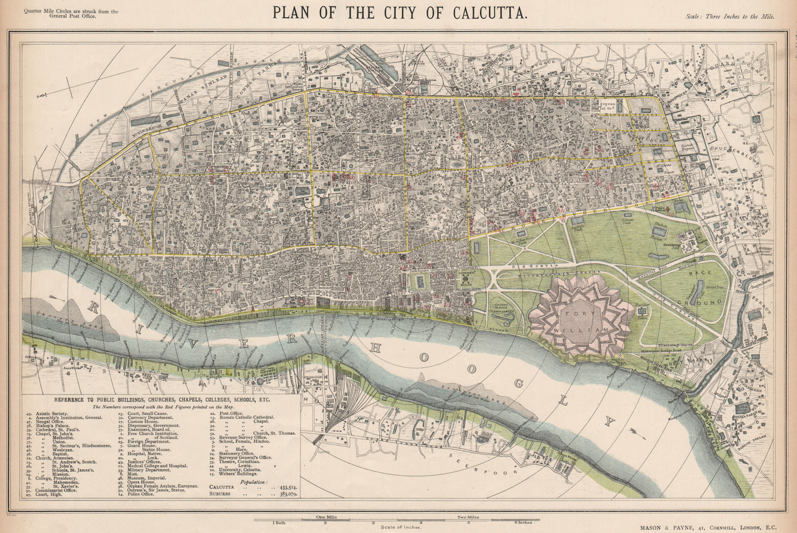 CALCUTTA KOLKATA antique town city map plan. Public buildings. LETTS 1889